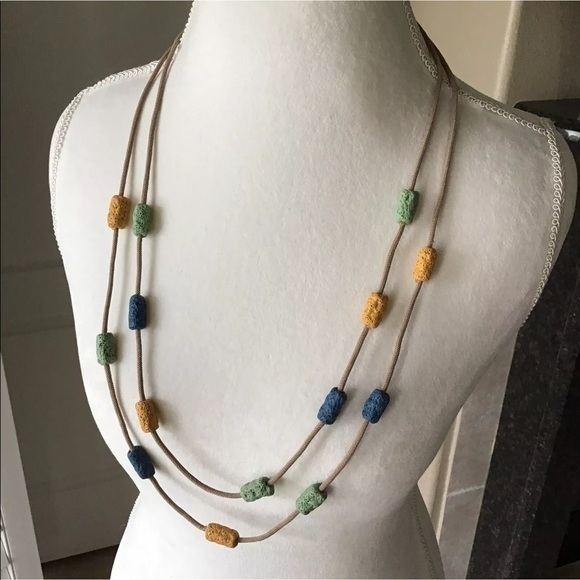 LAST 1! NEW Lava Bead Necklace & Earring SET Green Blue Gold Tube Beads on Cord - Picture 5 of 10